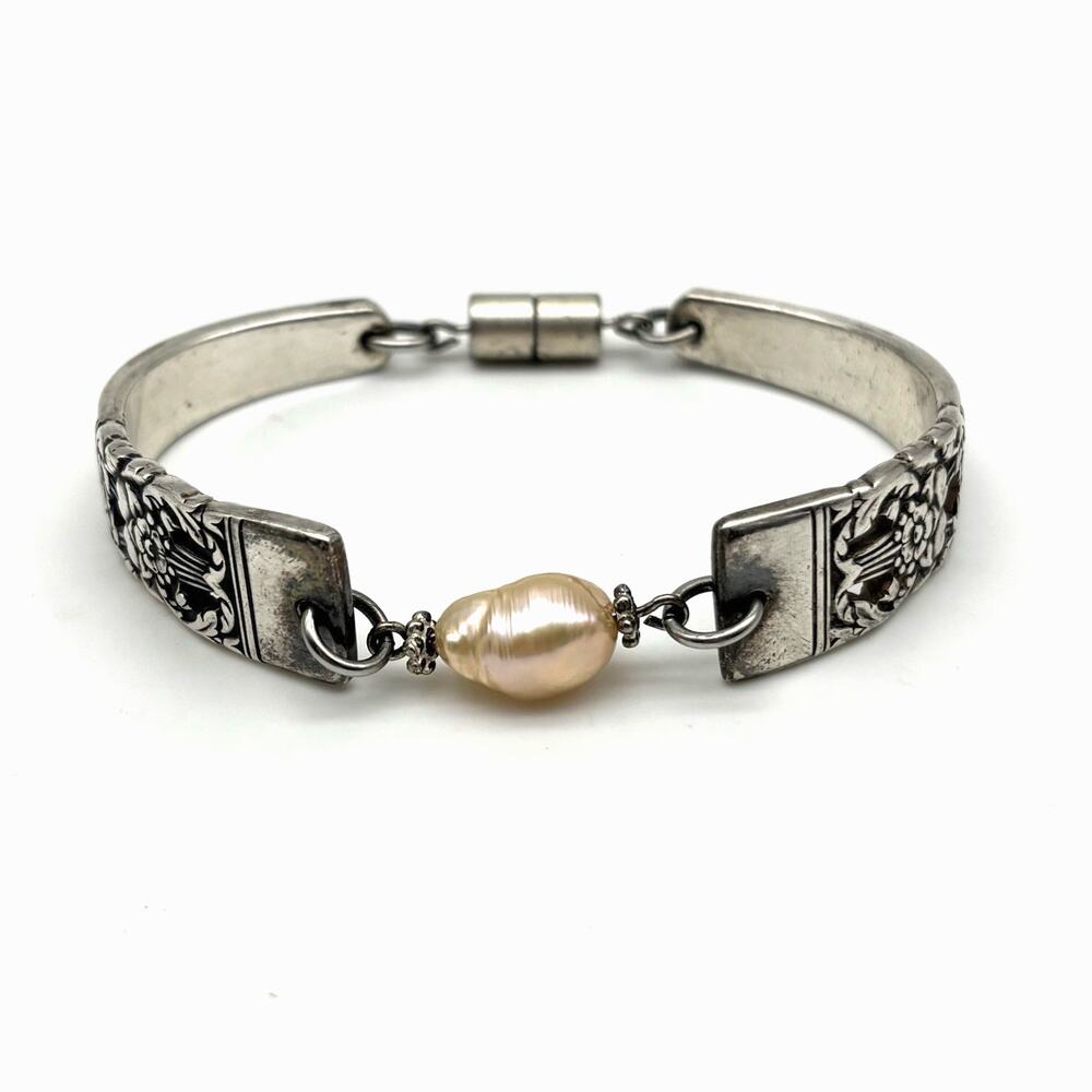 1950s Coronation Silver-plated Floral Spoon Bracelet w/ Freshwater Pearl 6.75"